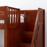 JOINT XL CP : Quad Corner Bunk Full XL + Twin XL Medium Corner Bunk with Angled Ladder and Stairs on Right, Chestnut, Panel