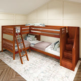 JOINT XL CS : Quad Corner Bunk Full XL + Twin XL Medium Corner Bunk with Angled Ladder and Stairs on Right, Slat, Chestnut