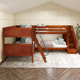 JOINT XL CS : Quad Corner Bunk Full XL + Twin XL Medium Corner Bunk with Angled Ladder and Stairs on Right, Slat, Chestnut
