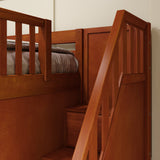 JOINT XL CS : Quad Corner Bunk Full XL + Twin XL Medium Corner Bunk with Angled Ladder and Stairs on Right, Slat, Chestnut