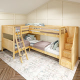 JOINT XL NP : Quad Corner Bunk Full XL + Twin XL Medium Corner Bunk with Angled Ladder and Stairs on Right, Natural, Panel