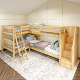 JOINT XL NS : Quad Corner Bunk Full XL + Twin XL Medium Corner Bunk with Angled Ladder and Stairs on Right, Slat, Natural