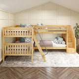 JOINT XL NS : Quad Corner Bunk Full XL + Twin XL Medium Corner Bunk with Angled Ladder and Stairs on Right, Slat, Natural
