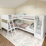 JOINT XL WP : Quad Corner Bunk Full XL + Twin XL Medium Corner Bunk with Angled Ladder and Stairs on Right, White, Panel