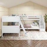 JOINT XL WP : Quad Corner Bunk Full XL + Twin XL Medium Corner Bunk with Angled Ladder and Stairs on Right, White, Panel