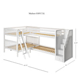 JOINT XL WS : Quad Corner Bunk Full XL + Twin XL Medium Corner Bunk with Angled Ladder and Stairs on Right, Slat, White