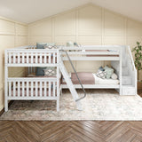 JOINT XL WS : Quad Corner Bunk Full XL + Twin XL Medium Corner Bunk with Angled Ladder and Stairs on Right, Slat, White