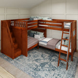 QUADRUPLE XL CP : Quad Corner Bunk Full XL + Twin XL High Corner Bunk with Angled Ladder and Stairs on Left, Panel, Chestnut