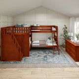 QUADRUPLE XL CP : Quad Corner Bunk Full XL + Twin XL High Corner Bunk with Angled Ladder and Stairs on Left, Panel, Chestnut