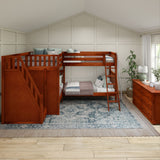 QUADRUPLE XL CS : Quad Corner Bunk Full XL + Twin XL High Corner Bunk with Angled Ladder and Stairs on Left, Slat, Chestnut