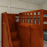 QUADRUPLE XL CS : Quad Corner Bunk Full XL + Twin XL High Corner Bunk with Angled Ladder and Stairs on Left, Slat, Chestnut