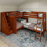 QUADRUPLE XL CS : Quad Corner Bunk Full XL + Twin XL High Corner Bunk with Angled Ladder and Stairs on Left, Slat, Chestnut