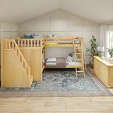 QUADRUPLE XL NS : Quad Corner Bunk Full XL + Twin XL High Corner Bunk with Angled Ladder and Stairs on Left, Slat, Natural