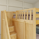 QUADRUPLE XL NS : Quad Corner Bunk Full XL + Twin XL High Corner Bunk with Angled Ladder and Stairs on Left, Slat, Natural