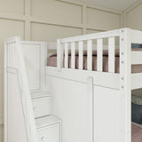 QUADRUPLE XL WP : Quad Corner Bunk Full XL + Twin XL High Corner Bunk with Angled Ladder and Stairs on Left, Panel, White