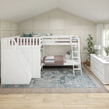 QUADRUPLE XL WS : Quad Corner Bunk Full XL + Twin XL High Corner Bunk with Angled Ladder and Stairs on Left, Slat, White