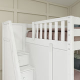 QUADRUPLE XL WS : Quad Corner Bunk Full XL + Twin XL High Corner Bunk with Angled Ladder and Stairs on Left, Slat, White