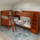 QUANTUM XL CP : Quad Corner Bunk Full XL + Twin XL High Corner Bunk with Angled Ladder and Stairs on Right, Chestnut, Panel