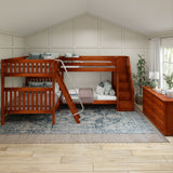 QUANTUM XL CS : Quad Corner Bunk Full XL + Twin XL High Corner Bunk with Angled Ladder and Stairs on Right, Slat, Chestnut