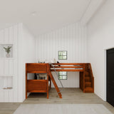 TERTIARY CP : Corner Loft Bunk Twin Medium Corner Loft Bunk Bed with Ladder + Stairs - R, Panel, Chestnut