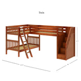 TERTIARY CS : Corner Loft Bunk Twin Medium Corner Loft Bunk Bed with Ladder + Stairs - R, Slat, Chestnut