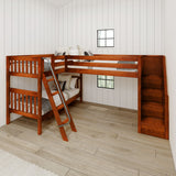 TERTIARY XL CS : Corner Loft Bunk Twin XL Medium Corner Loft Bunk Bed with Angled Ladder and Stairs on Right, Slat, Chestnut