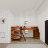 TERTIARY XL CS : Corner Loft Bunk Twin XL Medium Corner Loft Bunk Bed with Angled Ladder and Stairs on Right, Slat, Chestnut