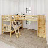 TERTIARY XL NS : Corner Loft Bunk Twin XL Medium Corner Loft Bunk Bed with Angled Ladder and Stairs on Right, Slat, Natural