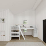 TERTIARY XL WS : Corner Loft Bunk Twin XL Medium Corner Loft Bunk Bed with Angled Ladder and Stairs on Right, Slat, White