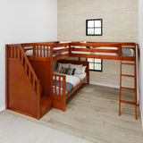 TRIUNITY XL CP : Corner Loft Bunk Twin XL over Full XL + Twin XL Medium Corner Loft Bunk with Angled Ladder and Stairs on Left, Panel, Chestnut
