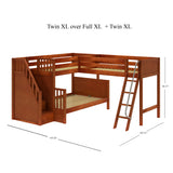 TRIUNITY XL CP : Corner Loft Bunk Twin XL over Full XL + Twin XL Medium Corner Loft Bunk with Angled Ladder and Stairs on Left, Panel, Chestnut