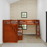 TRIUNITY XL CP : Corner Loft Bunk Twin XL over Full XL + Twin XL Medium Corner Loft Bunk with Angled Ladder and Stairs on Left, Panel, Chestnut