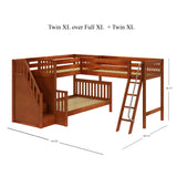 TRIUNITY XL CS : Corner Loft Bunk Twin XL over Full XL + Twin XL Medium Corner Loft Bunk with Angled Ladder and Stairs on Left, Slat, Chestnut
