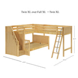 TRIUNITY XL NP : Corner Loft Bunk Twin XL over Full XL + Twin XL Medium Corner Loft Bunk with Angled Ladder and Stairs on Left, Panel, Natural