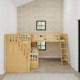 TRIUNITY XL NP : Corner Loft Bunk Twin XL over Full XL + Twin XL Medium Corner Loft Bunk with Angled Ladder and Stairs on Left, Panel, Natural