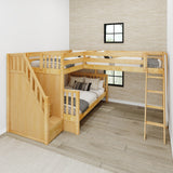 TRIUNITY XL NS : Corner Loft Bunk Twin XL over Full XL + Twin XL Medium Corner Loft Bunk with Angled Ladder and Stairs on Left, Slat, Natural