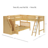 TRIUNITY XL NS : Corner Loft Bunk Twin XL over Full XL + Twin XL Medium Corner Loft Bunk with Angled Ladder and Stairs on Left, Slat, Natural