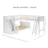 TRIUNITY XL WP : Corner Loft Bunk Twin XL over Full XL + Twin XL Medium Corner Loft Bunk with Angled Ladder and Stairs on Left, Panel, White