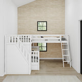 TRIUNITY XL WP : Corner Loft Bunk Twin XL over Full XL + Twin XL Medium Corner Loft Bunk with Angled Ladder and Stairs on Left, Panel, White