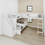 TRIUNITY XL WS : Corner Loft Bunk Twin XL over Full XL + Twin XL Medium Corner Loft Bunk with Angled Ladder and Stairs on Left, Slat, White