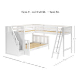 TRIUNITY XL WS : Corner Loft Bunk Twin XL over Full XL + Twin XL Medium Corner Loft Bunk with Angled Ladder and Stairs on Left, Slat, White
