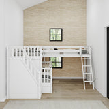 TRIUNITY XL WS : Corner Loft Bunk Twin XL over Full XL + Twin XL Medium Corner Loft Bunk with Angled Ladder and Stairs on Left, Slat, White