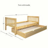 1000 TR NS : Starter Bed Twin Basic Bed with Trundle- Low, Slat, Natural