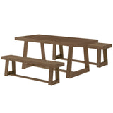 235110-197 : Dining Classic Solid Wood Dining Table Set with 2 Benches, Pecan Wirebrush