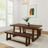 235110-198 : Dining Classic Solid Wood Dining Table Set with 2 Benches, Walnut Wirebrush