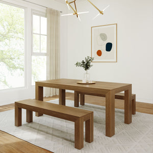 235210-198 : Dining Set Modern Solid Wood Dining Table Set with 2 Benches, Walnut Wirebrush