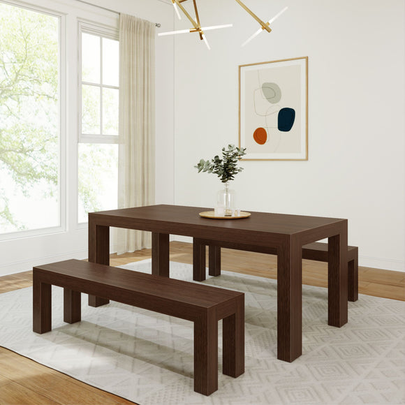 235210-198 : Furniture Modern Solid Wood Dining Table Set with 2 Benches, Walnut Wirebrush