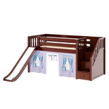 AERIE27 CS : Play Loft Beds Twin Low Loft Bed with Stairs, Curtain + Slide, Slat, Chestnut