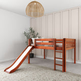 AMAZING CS : Play Loft Beds Full Low Loft Bed with Slide and Straight Ladder on Front, Slat, Chestnut