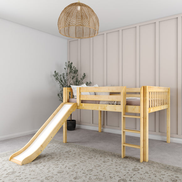 AMAZING NS : Loft Bed Full Low Loft Bed with Slide and Straight Ladder on Front, Slat, Natural
